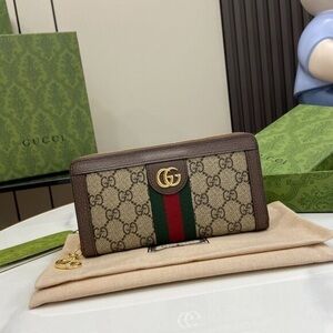 Gucci Brown GG Supreme Zip Wallet with Green-Red Web and Gold Double G